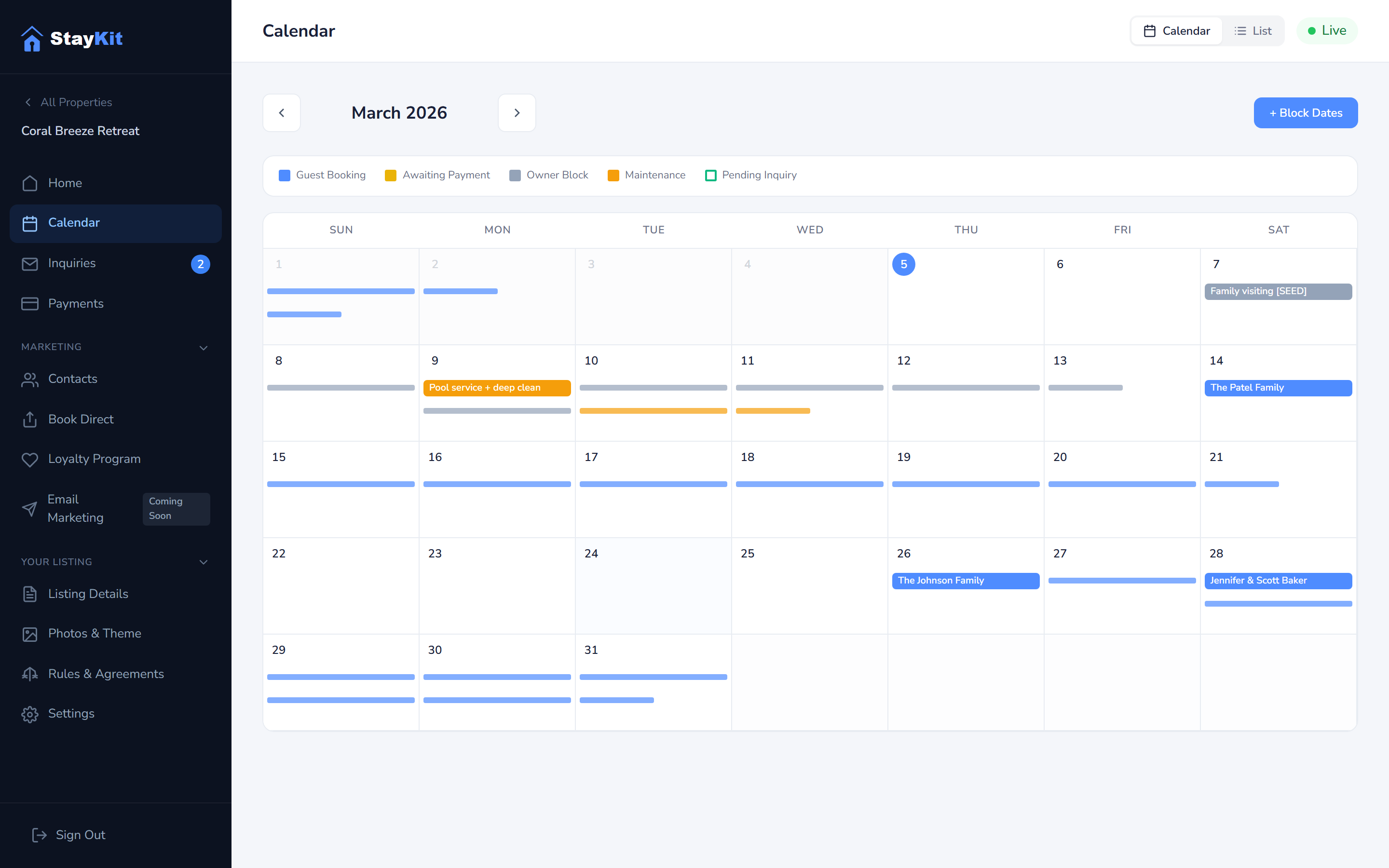 StayKit dashboard calendar with color-coded bookings