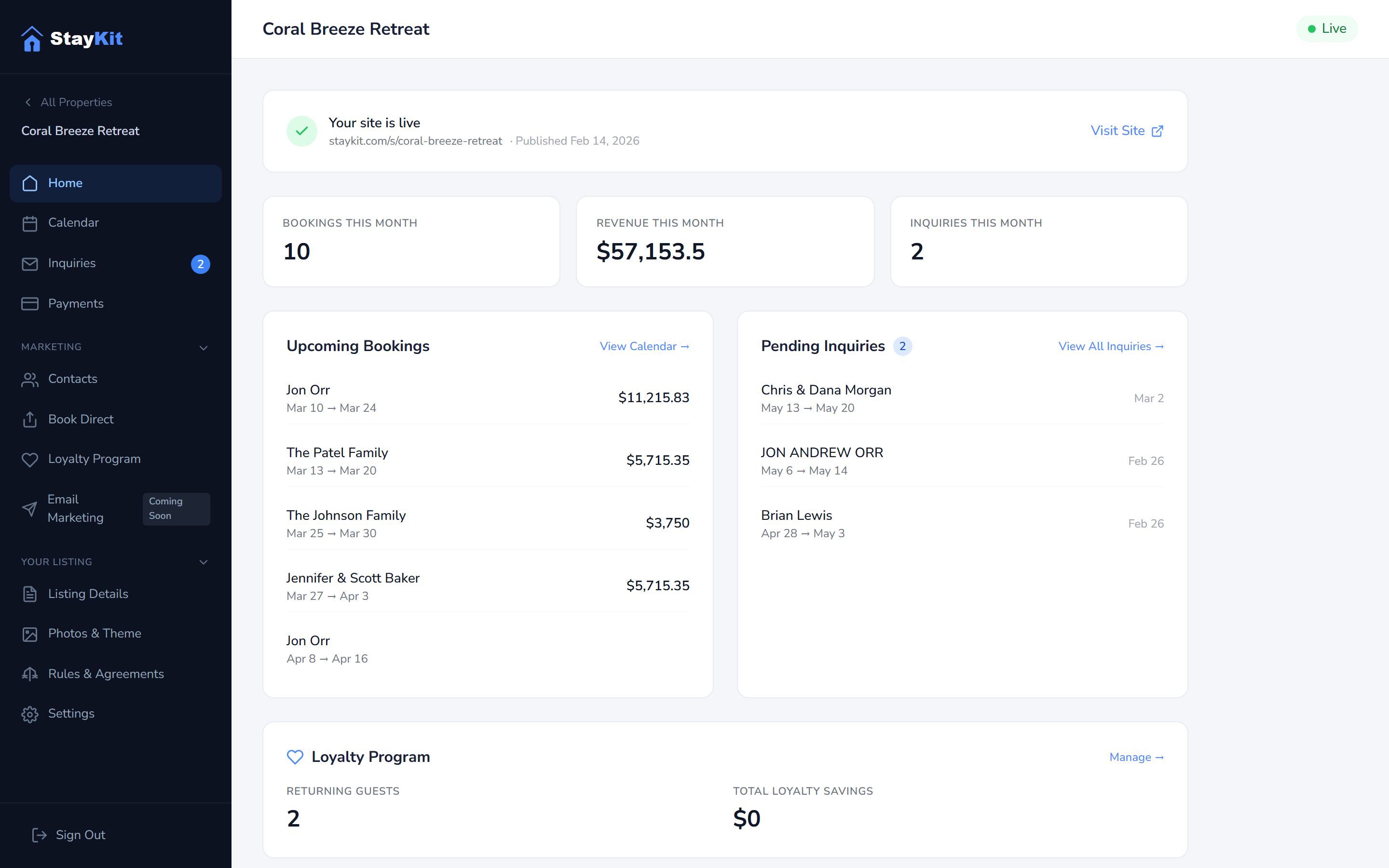 StayKit property dashboard with stats and upcoming bookings